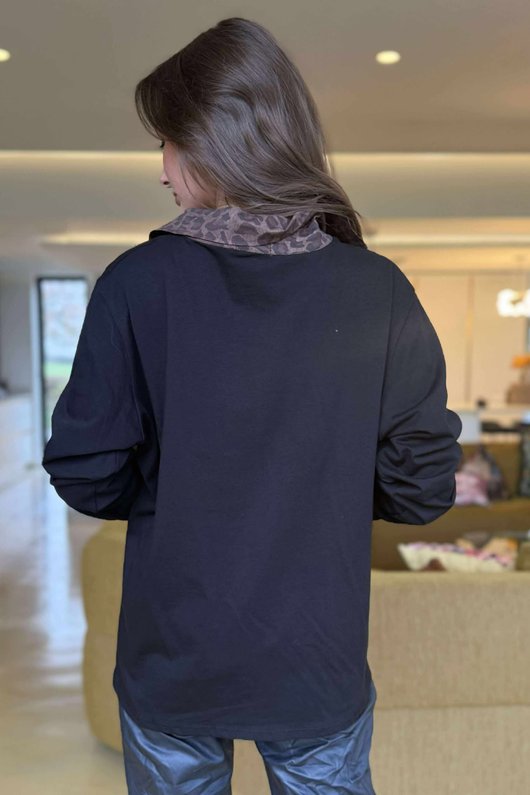 Essential Body Stretch Cotton Collar & Cuff Shirt Black Leopard